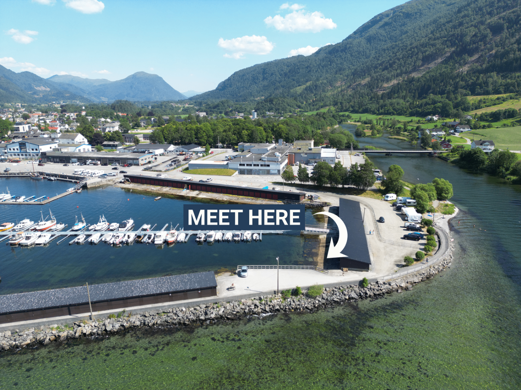 Aerial view of Eid Småbåthamn — the meeting point for kayak tours